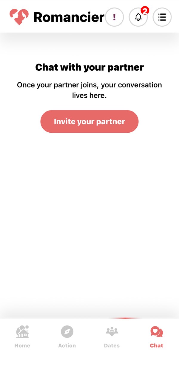 Romancier Chat screen inviting you to bring your partner in.