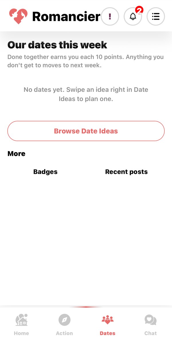 Romancier Dates screen: 'Our dates this week', with a Browse Date Ideas button.